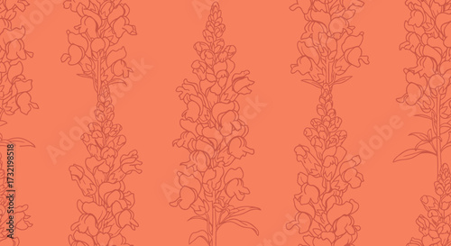 Line art repeating snapdragon stems on a solid coral background