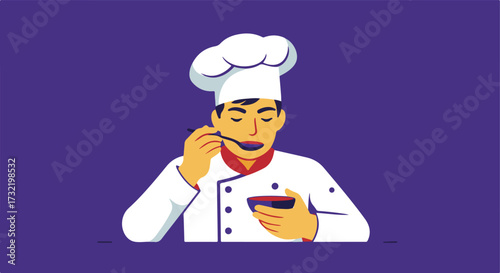 Chef in white toque and coat tasting soup against a purple background
