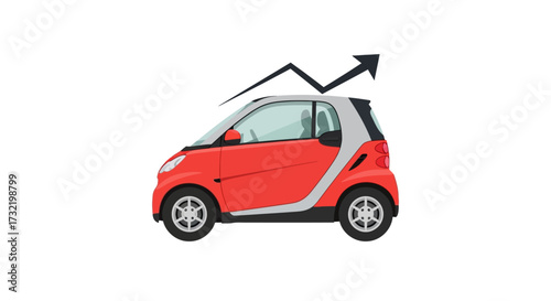 Compact car with upward trending arrow, symbolizing rising sales and market growth in urban