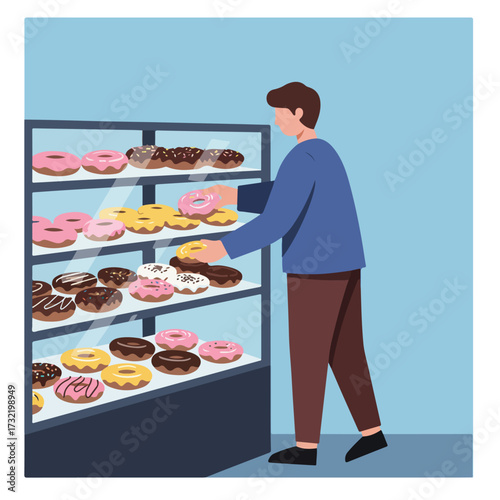 Person selects a donut from a multi-tiered display case with pastel backgrounds