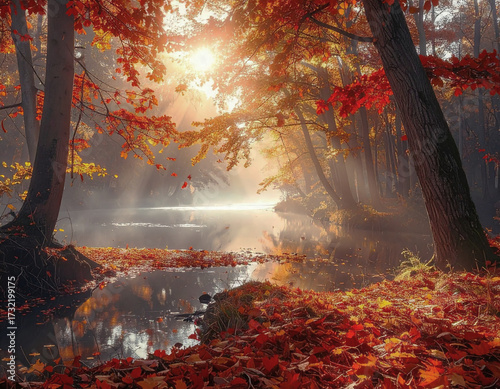 A tranquil lake reflecting the vibrant colors of fall foliage and the soft glow of the morning sun filtering through the trees.