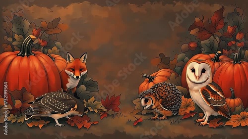 Autumnal forest scene featuring a fox owl squirrel and pumpkins evokes seasonal magic