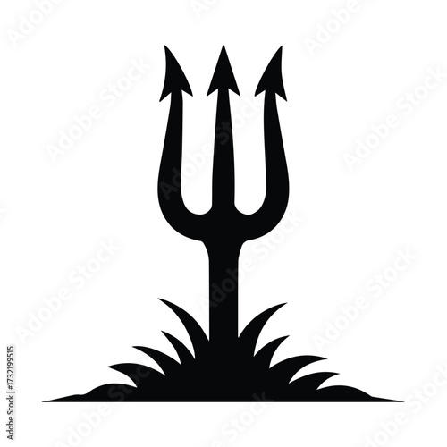Mythological trident emerging from stylized aquatic plants black silhouette symbol