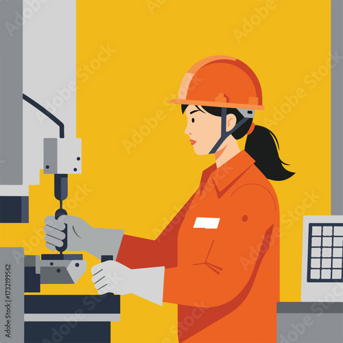 Woman worker operates milling machine, wearing safety gear, on yellow background