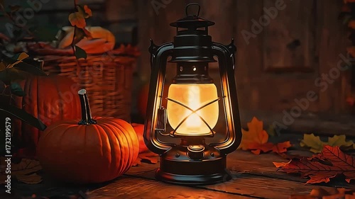 Glowing lantern illuminates rustic autumn scene with pumpkins and colorful fall leaves