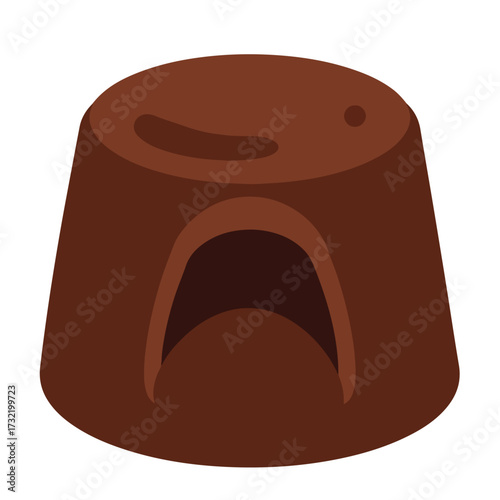 Rounded brown object with dark archway and top dimple on white backdrop