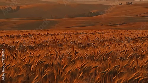 Golden wheat field sways gently under a warm sun bathed in golden light