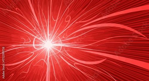 Abstract red background with central burst of light and dynamic curved lines design