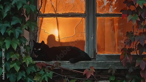 Black cat perched peacefully on a windowsill warm light glowing through the glass