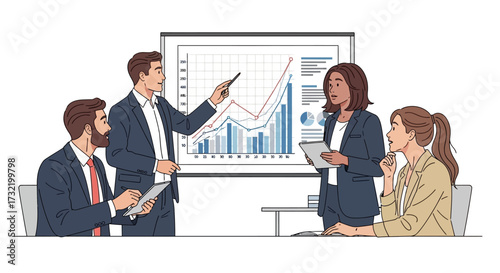 Business team analyzing graph, data, and chart during presentation, driving growth, business