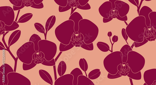 Burgundy orchids silhouetted against a peach backdrop in repeating pattern