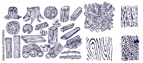 Wood rings. Round tree trunk cut with growth lines, wooden circle log with natural textured surface, carpentry material flat style. Vector isolated set