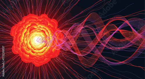 Abstract rendering of energy waves emanating from a central luminous bloom of red and yellow tones