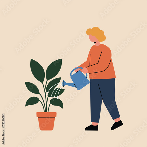 Person waters a leafy plant with a blue can
