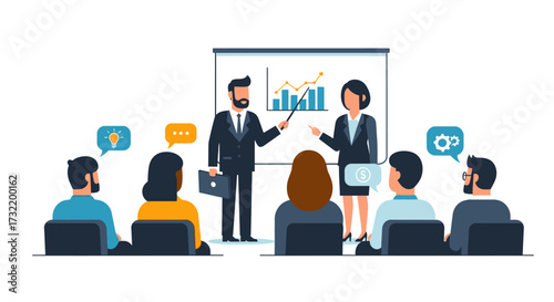 Business presentation with male and female presenters showing growth chart to audience in meeting,