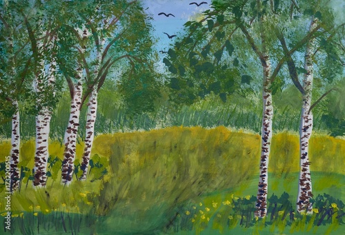 Summer landscape with birch trees in the foreground, green meadow,  forest and a bright blue sky. Paint hand drawn
