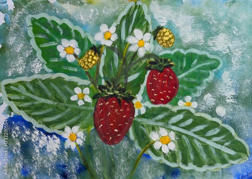 Painting hand drawing with ripe red strawberries, yellow unripe berries, white blossoms and large green leaves.