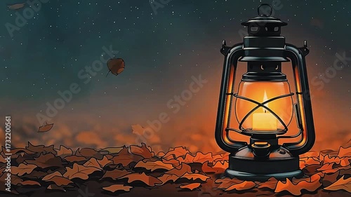 Glowing lantern illuminating autumn leaves evokes peaceful nights and cozy fall feelings