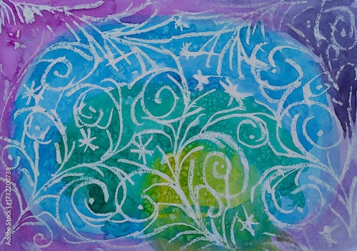 Abstract colour background with white swirling winter pattern on it. Paint hand drawing