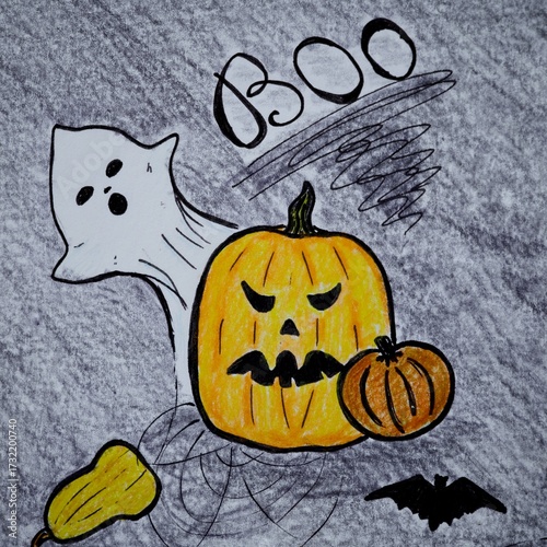 Halloween pencil hand drawing with carved pumpkin, ghost, bat and word Boo.