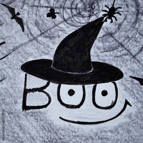 Halloween pencil hand drawing. Word Boo with witch hat. Black and white.