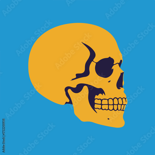 Yellow skull with dark eye sockets on a cyan background, side view