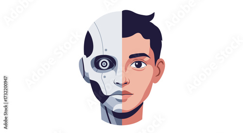 Half Human Half Robot Face Illustration - Artificial Intelligence Concept.