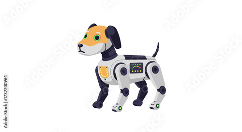 Cartoon Robotic Dog with Display Panel and Orange Face.