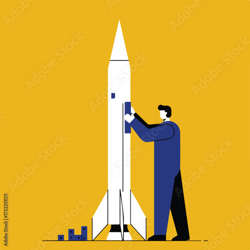 Person preps rocket on mustard background with dominoes
