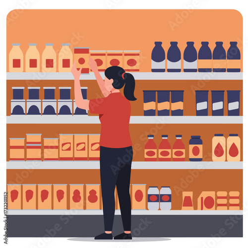 Shopper reaching for canned goods on a grocery store shelf