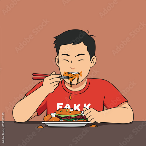 Cartoon person eating a messy burger with chopsticks, smiling