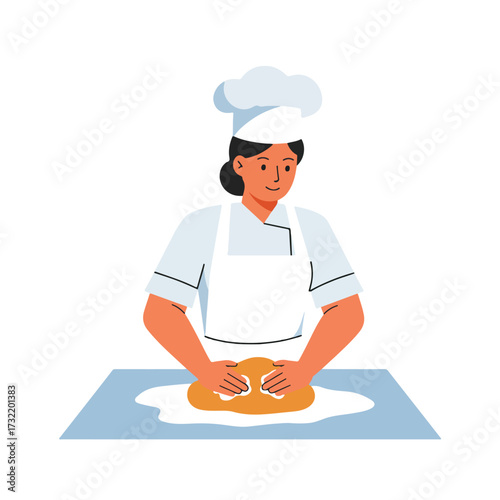 Chef kneads dough, wearing uniform and hat on a blue counter