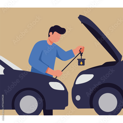 Person checking oil levels in car with hood open, using dipstick