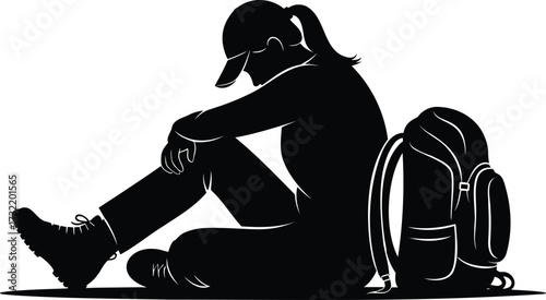 Silhouette of Female Traveler Sitting with Backpack Vector Illustration