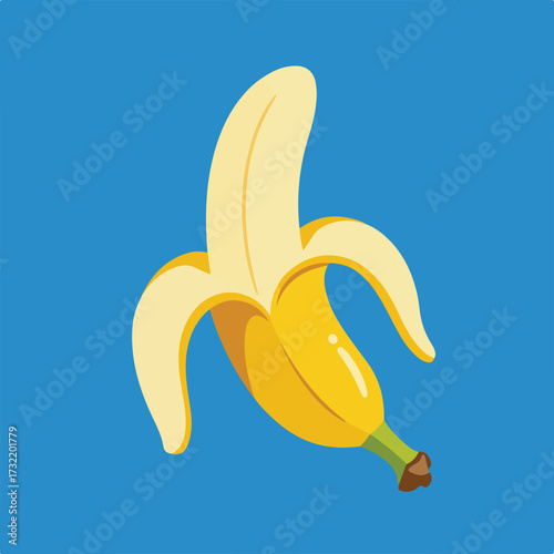 Stylized peeled banana with a blue background in a flat vector illustration