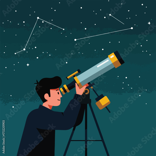 Person observing night sky with telescope, stars & constellations visible