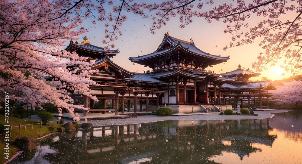 Fototapeta premium Serene Japanese Temple Amidst Blooming Cherry Blossoms and Reflective Waters