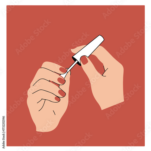 Hands applying reddish-brown nail polish with a white brush on red background
