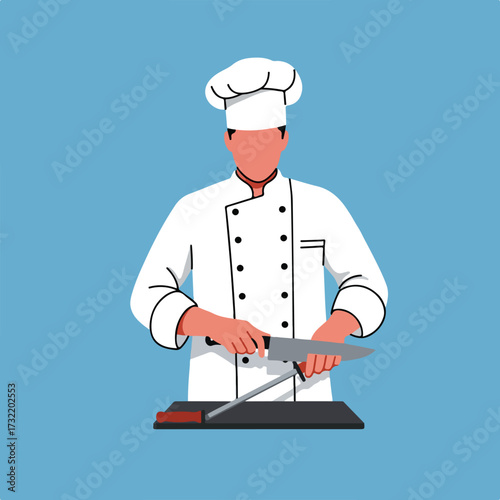 Chef sharpens knife on steel, wearing hat, coat on solid blue background