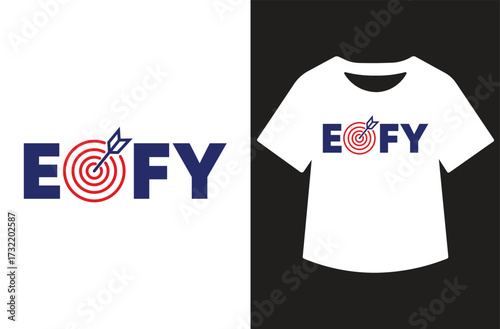Minimalist black and white graphic featuring "EOFY" in modern calligraphy. Text shown standalone and on a white t-shirt design. Clean, bold, high-contrast style for print or design use.