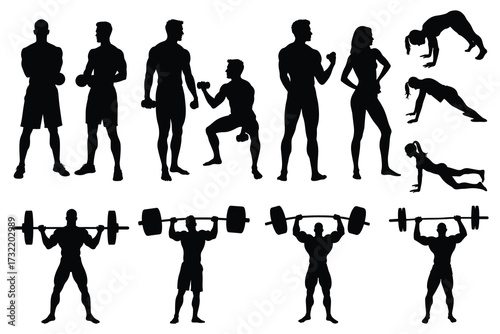 Black silhouettes of people exercising with weights and bodyweight