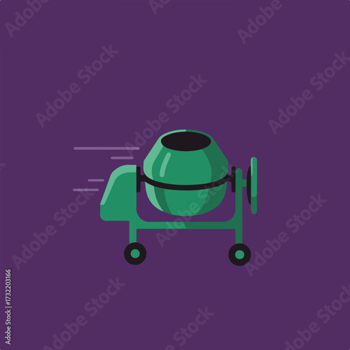 Green concrete mixer icon with motion lines on purple background