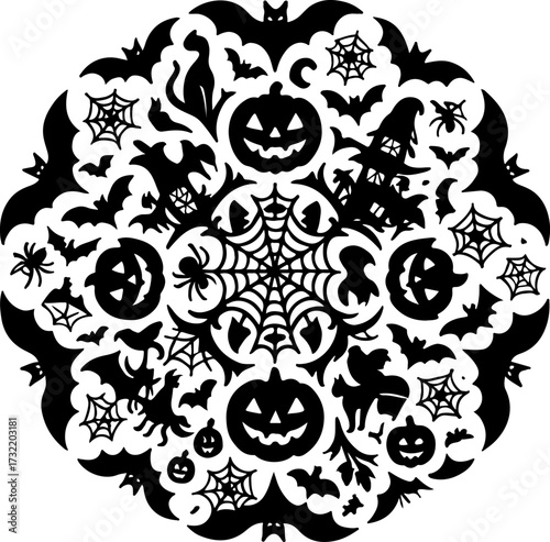 Pumpkin Mandala & Cobweb Ornaments — Halloween Rosette Pattern (B/W Vector)