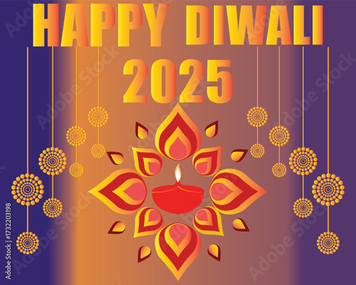Happy Diwali 2025 festival greeting card design.Colorful Happy Diwali 2025 greeting card with diya lamp, rangoli floral decoration, and  ornaments celebrating the Indian festival of lights.EPS 10/ AI.