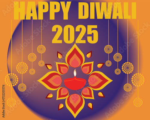 Happy Diwali 2025 festival greeting card design.Colorful Happy Diwali 2025 greeting card with diya lamp, rangoli floral decoration, and  ornaments celebrating the Indian festival of lights.EPS 10/ AI.