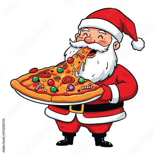 Cartoon Santa Claus eating a slice of Christmas pizza with candy cane toppings vector illustration