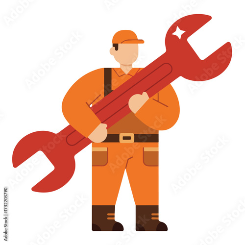 Mechanic holding giant wrench in flat style, wearing orange overalls and a cap