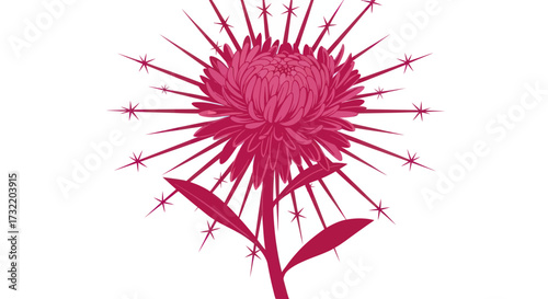 Stylized, symmetrical pink flower with ray-like extensions and star accents against a white backdrop