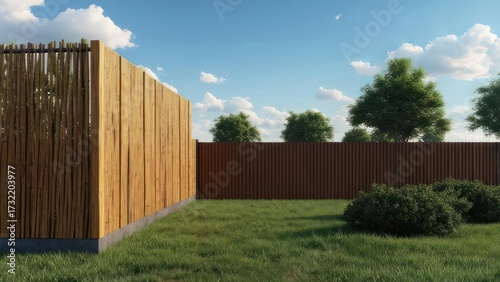 Wooden Fence and Green Grass Backyard Scene with Blue Sky and Clouds.