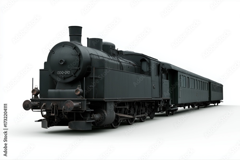 Fototapeta premium Vintage steam locomotive with passenger carriage on white background